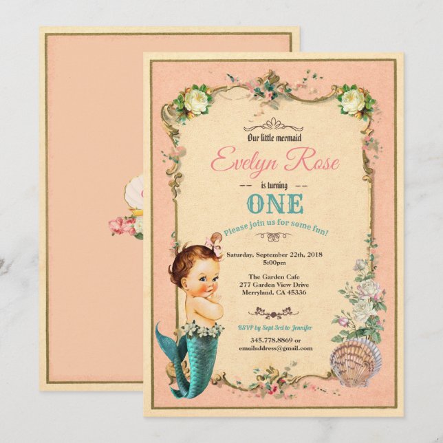 Mermaid 1st first birthday invitaion pink invitation (Front/Back)