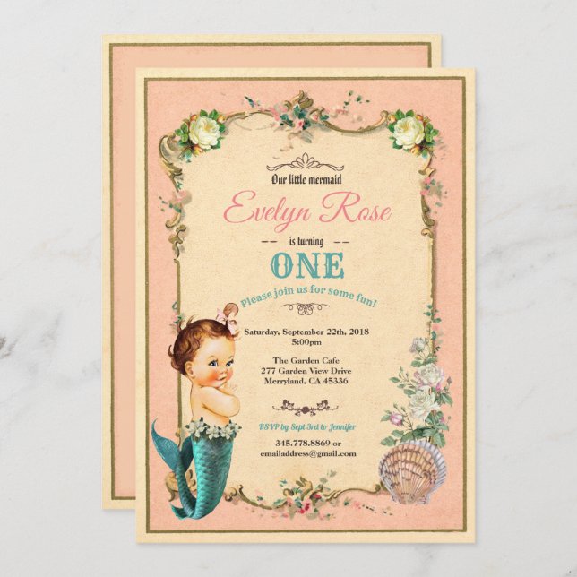 Mermaid 1st first birthday invitaion pink invitation (Front/Back)