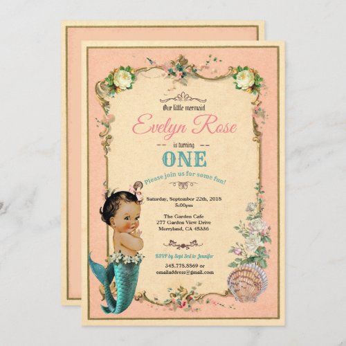 Mermaid 1st first birthday invitaion pink invitation