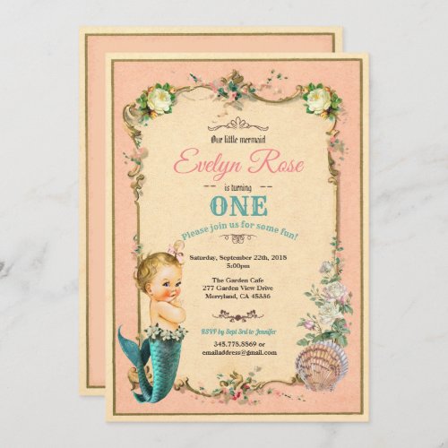 Mermaid 1st first birthday invitaion pink invitation