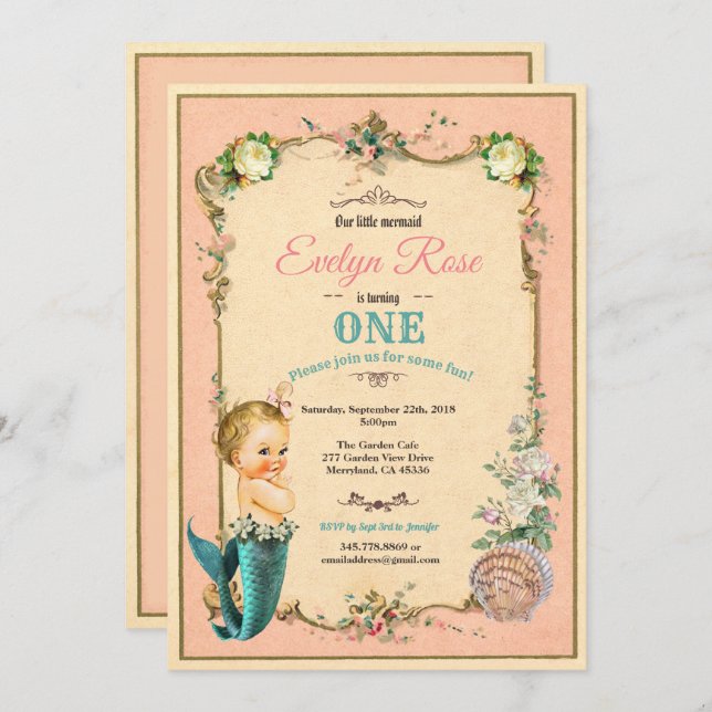 Mermaid 1st first birthday invitaion pink invitation (Front/Back)