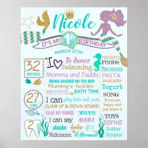 Mermaid 1st first Birthday sign poster banner