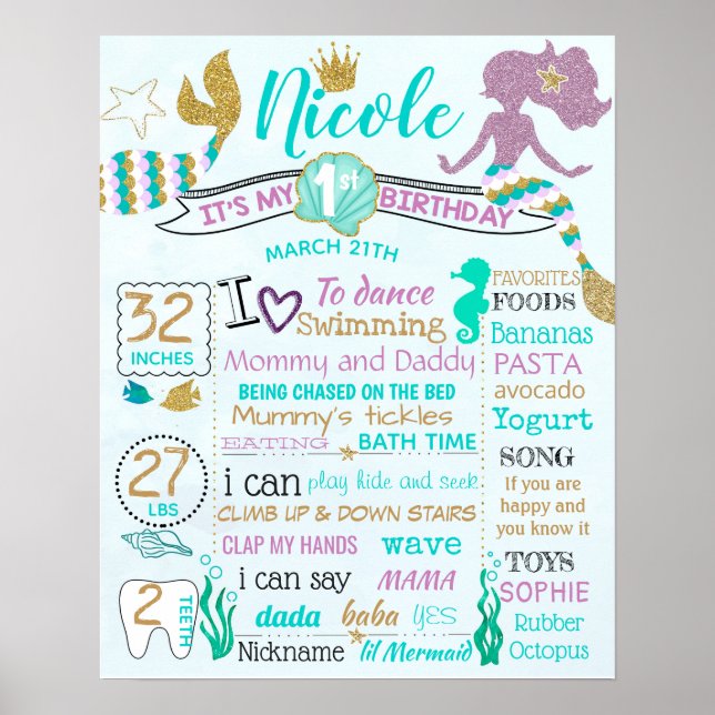 Mermaid 1st first Birthday sign poster banner (Front)