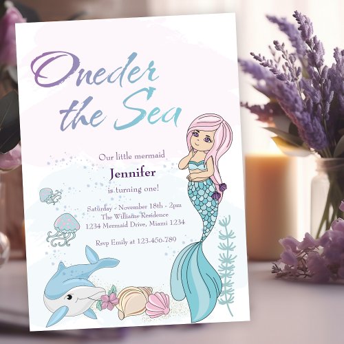 Mermaid 1st Girl Birthday Party ONEder The Sea  Invitation
