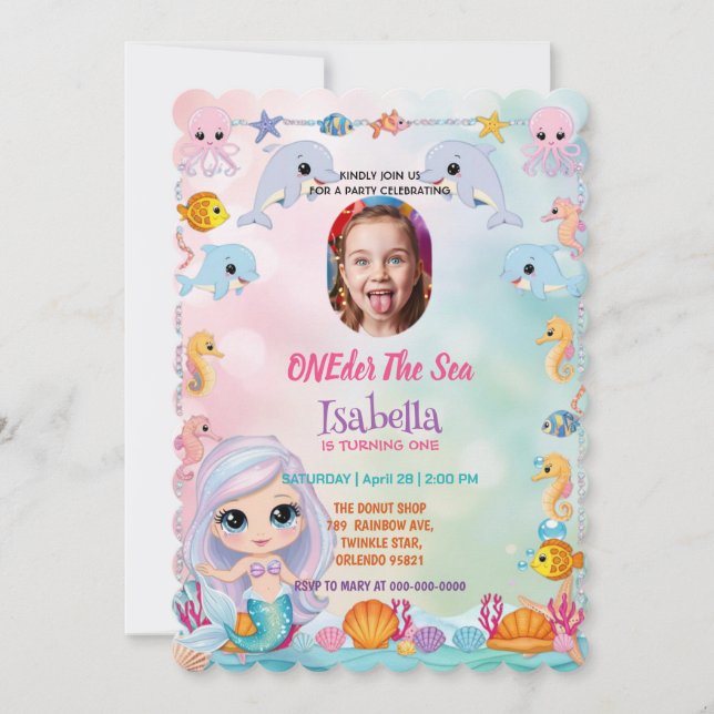 Mermaid 1st Photo Oneder Ocean birthday Invitation (Front)
