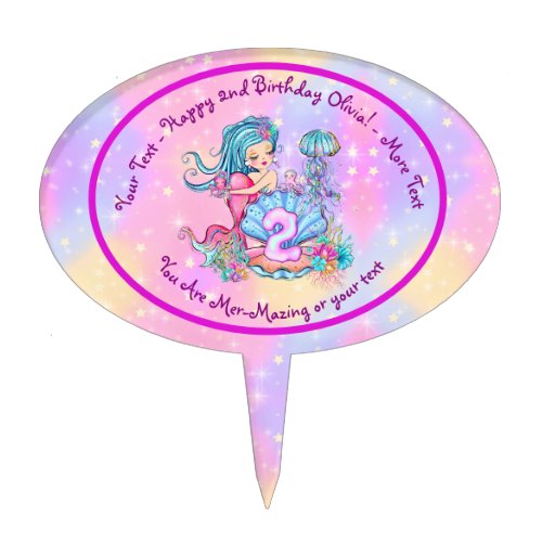 Mermaid 2nd Birthday Change Edit Text Personalize  Cake Topper