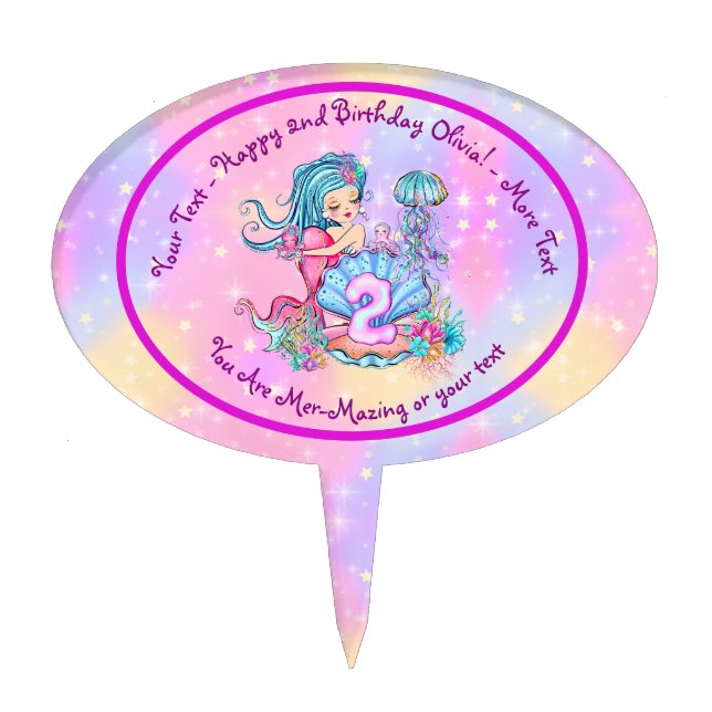 Mermaid 2nd Birthday Change Edit Text Personalize  Cake Topper (Front)