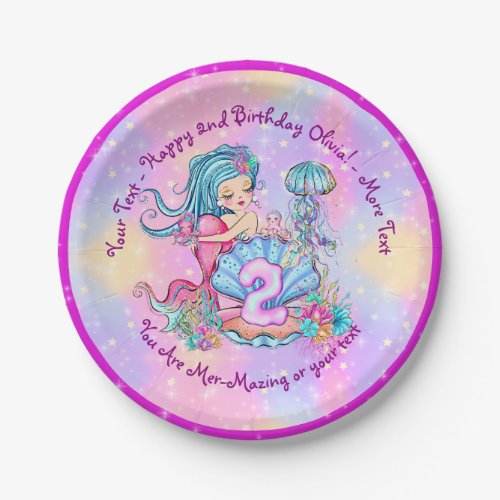 Mermaid 2nd Birthday Change Edit Text Personalize  Paper Plates