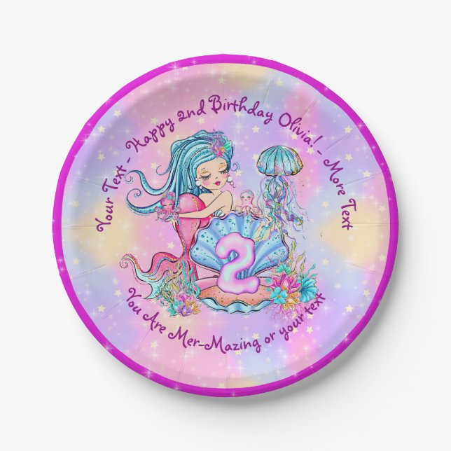 Mermaid 2nd Birthday Change Edit Text Personalize  Paper Plates (Front)