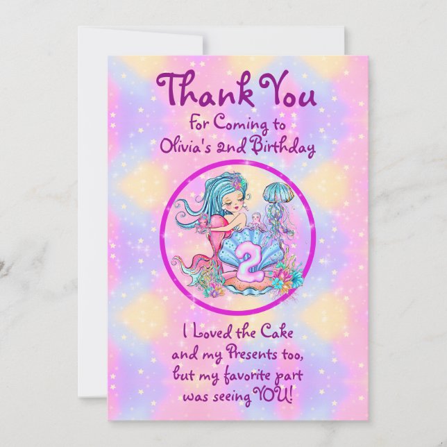 Mermaid 2nd Birthday Change Edit Text Personalize  Thank You Card (Front)