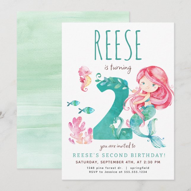 Mermaid 2nd Birthday Invitation (Front/Back)