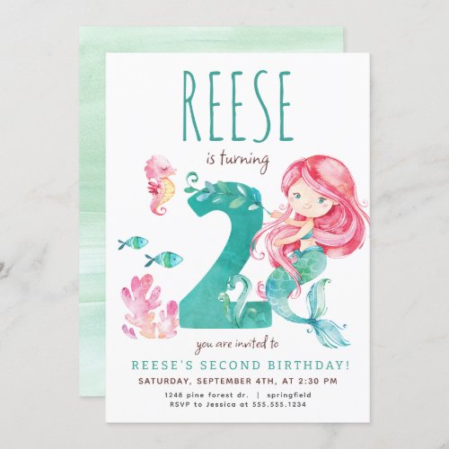 Mermaid 2nd Birthday Invitation