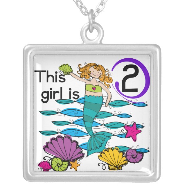 Mermaid 2nd Birthday Tshirts and Gifts Silver Plated Necklace (Front)