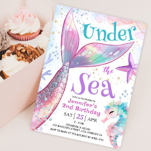 Mermaid 2nd Birthday Under The Sea Pink Purple  Invitation