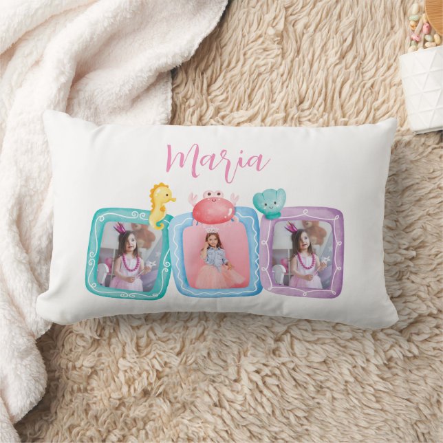 Mermaid 3 Photo Collage Kid's name Lumbar Pillow (Blanket)
