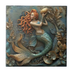 Mermaid 3D Effect Ceramic Tile<br><div class="desc">Beautiful orange haired mermaid holding a sea shell in a 3D style design with teal,  gold,  copper hues.</div>