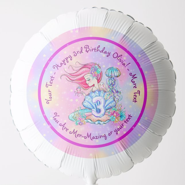 Mermaid 3rd Birthday Change Edit Text Personalize Balloon (Front)