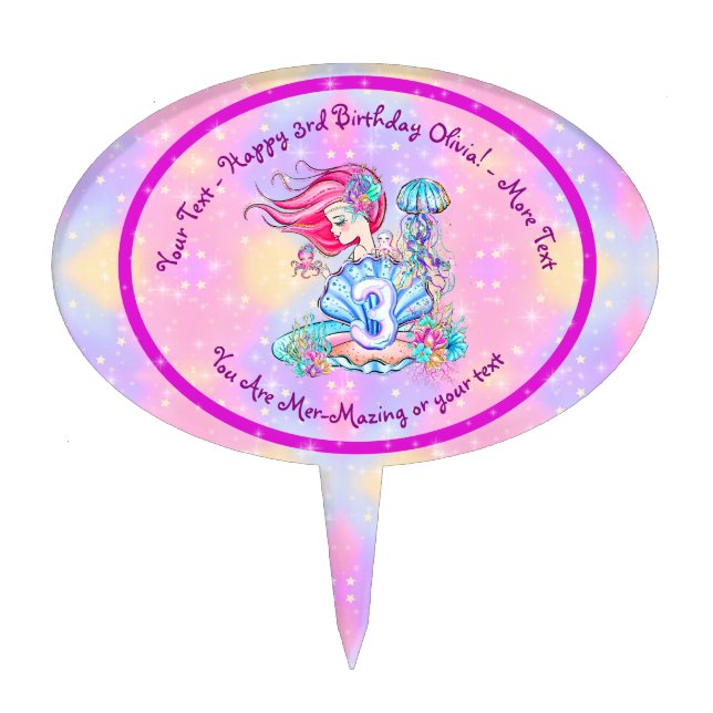 Mermaid 3rd Birthday Change Edit Text Personalize  Cake Topper (Front)