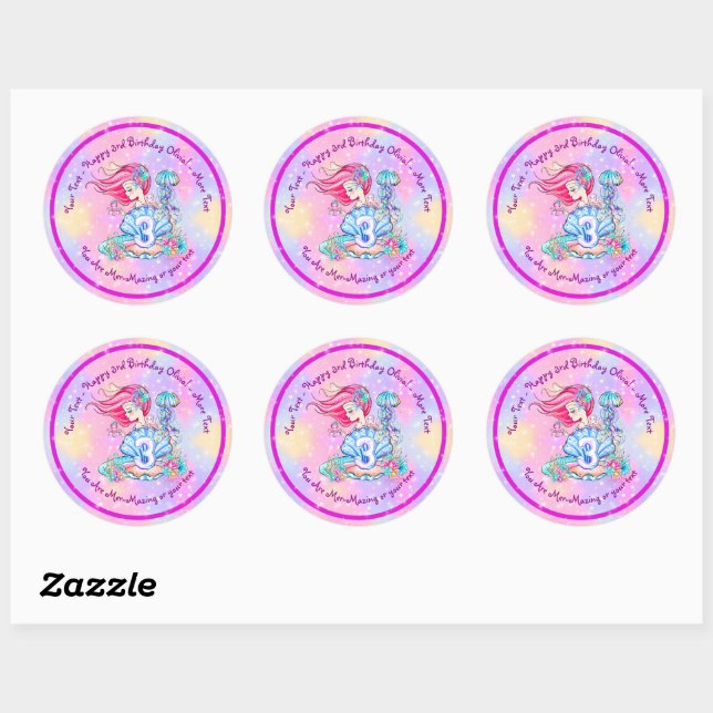 Mermaid 3rd Birthday Change Edit Text Personalize  Classic Round Sticker (Sheet)