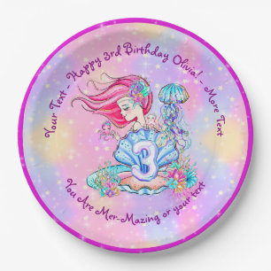 Mermaid 3rd Birthday Change Edit Text Personalize Paper Plates
