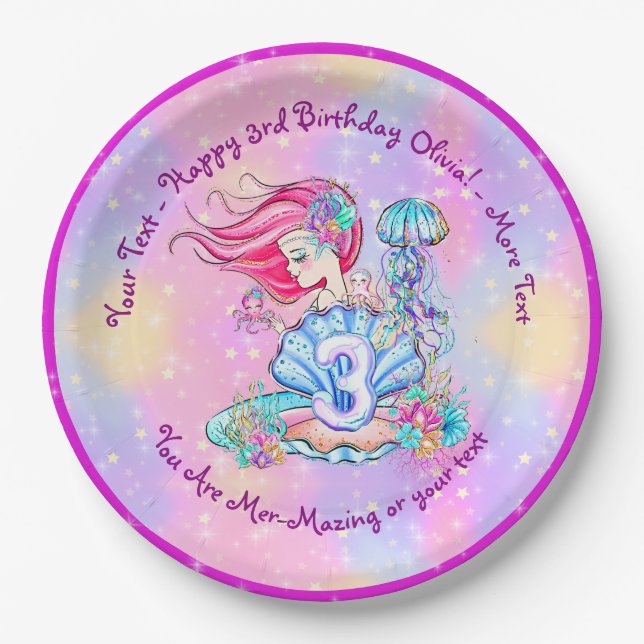 Mermaid 3rd Birthday Change Edit Text Personalize  Paper Plates (Front)