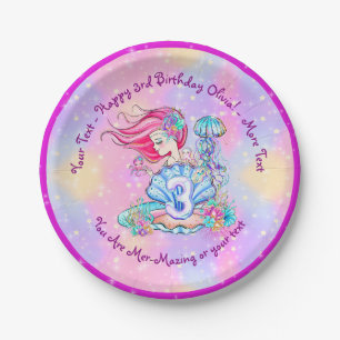 Mermaid 3rd Birthday Change Edit Text Personalize Paper Plates