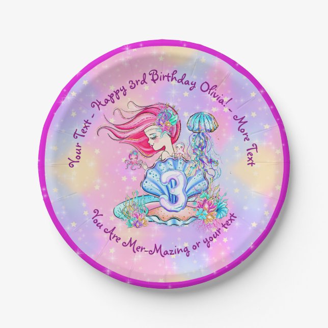 Mermaid 3rd Birthday Change Edit Text Personalize  Paper Plates (Front)