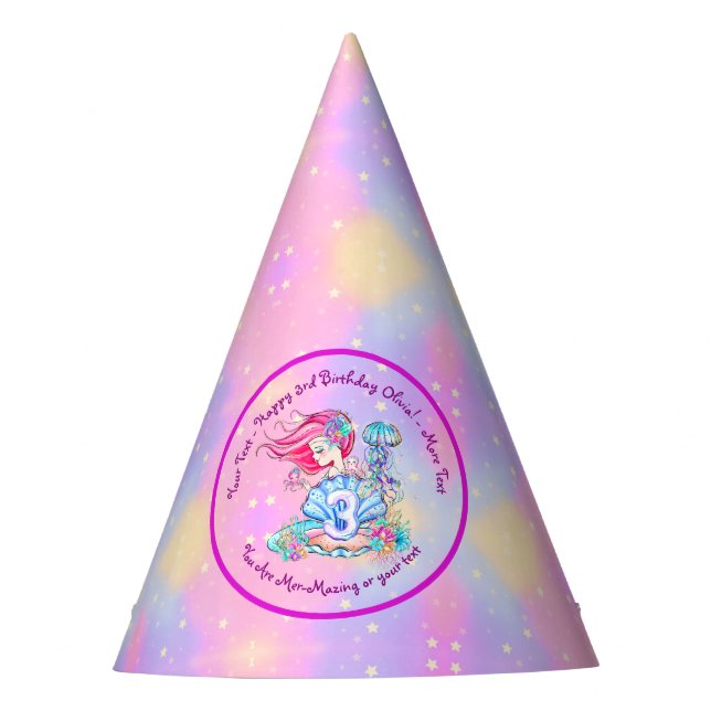Mermaid 3rd Birthday Change Edit Text Personalize  Party Hat (Front)