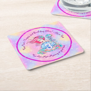 Mermaid 3rd Birthday Change Edit Text Personalize Square Paper Coaster