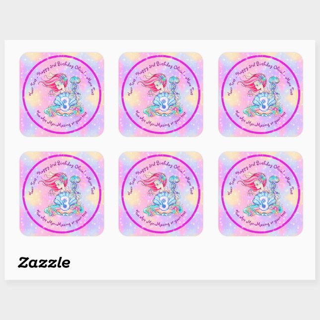 Mermaid 3rd Birthday Change Edit Text Personalize  Square Sticker (Sheet)