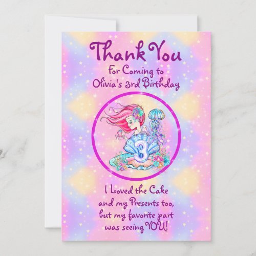 Mermaid 3rd Birthday Change Edit Text Personalize  Thank You Card