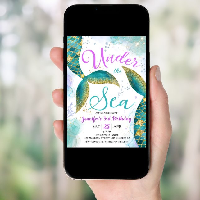 Mermaid 3rd Birthday Girl Pink Teal Under the Sea Invitation (Front Digital)