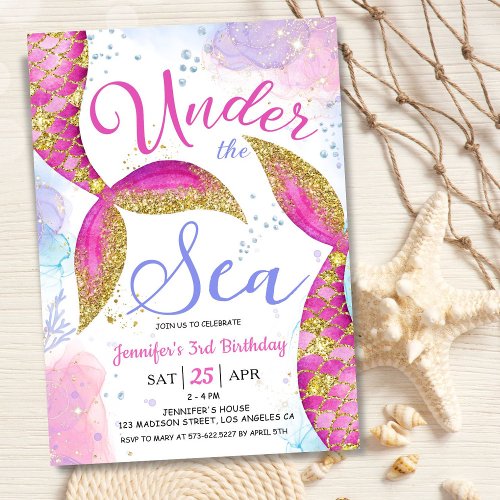 Mermaid 3rd Birthday Girl Pink Under the Sea Invitation