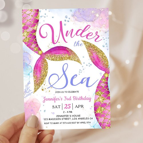 Mermaid 3rd Birthday Girl Pink Under the Sea Invitation