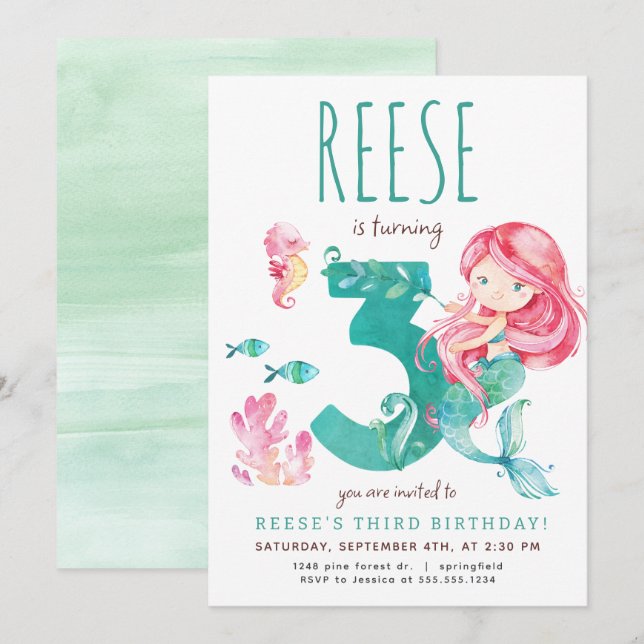 Mermaid 3rd Birthday Invitation (Front/Back)