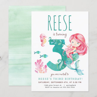 Mermaid 3rd Birthday Invitation