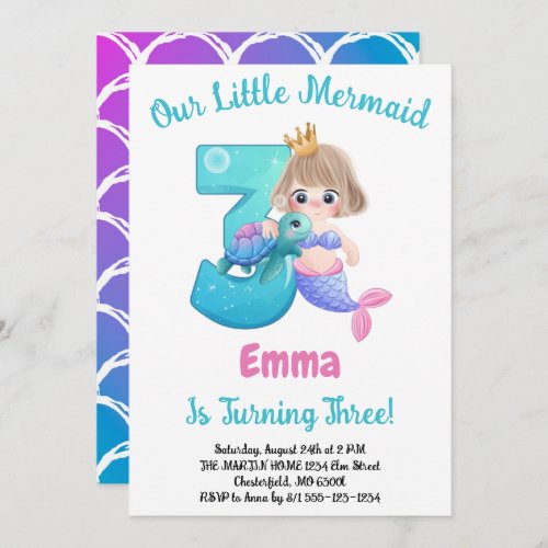 Mermaid 3rd Birthday Party Invitation