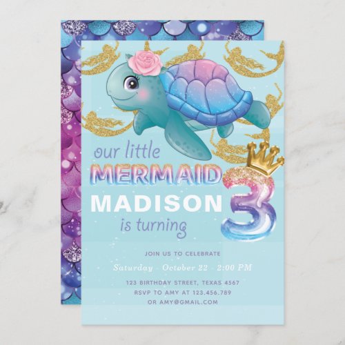 Mermaid 3rd Birthday Pink Blue Gold Glitter Invitation