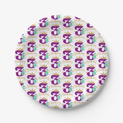 Mermaid 3rd Birthday Purple Green Gold Paper Plates