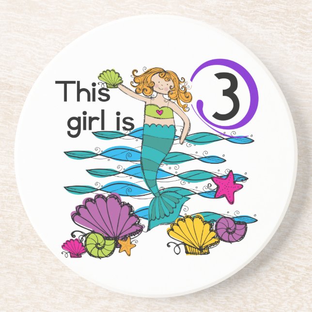 Mermaid 3rd Birthday T shirts and Gifts Sandstone Coaster (Front)