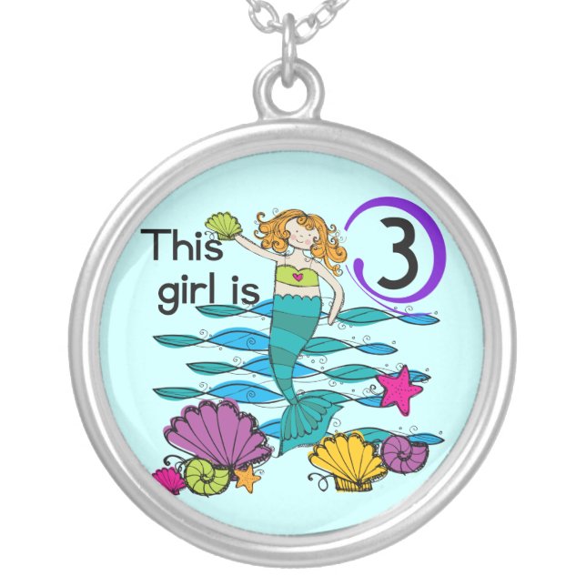 Mermaid 3rd Birthday T shirts and Gifts Silver Plated Necklace (Front)