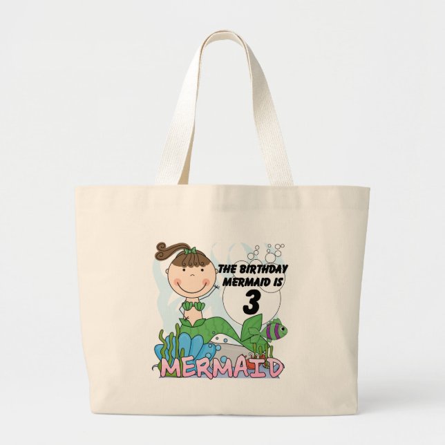 Mermaid 3rd Birthday Tshirts and Gifts Large Tote Bag (Front)