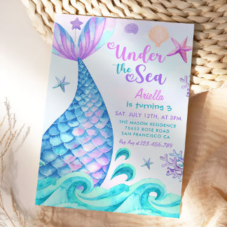 Mermaid 3rd Birthday Under The Sea Party Invitation