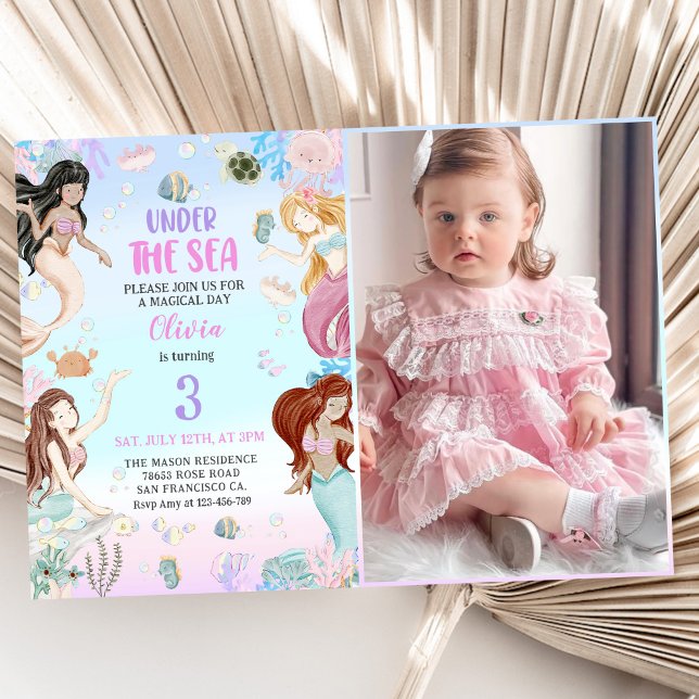 Mermaid 3rd Birthday Under The Sea Party Photo Invitation (Creator Uploaded)