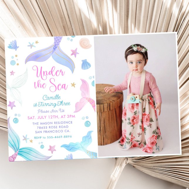 Mermaid 3rd Birthday Under The Sea Party Photo Invitation (Creator Uploaded)