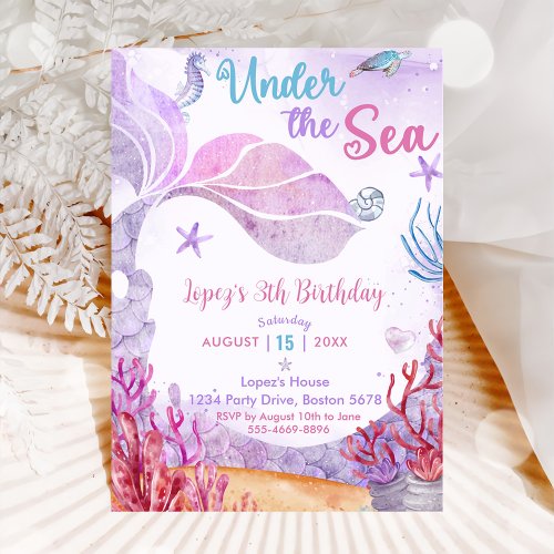 Mermaid 3th Birthday Under The Sea Party  Invitation