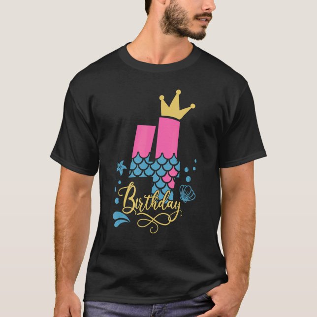 Mermaid 4th Birthday B Day Girl 4 Year Old Girls T T-Shirt (Front)