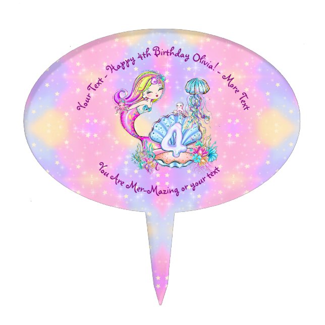 Mermaid 4th Birthday Change Edit Text Personalize  Cake Topper (Front)