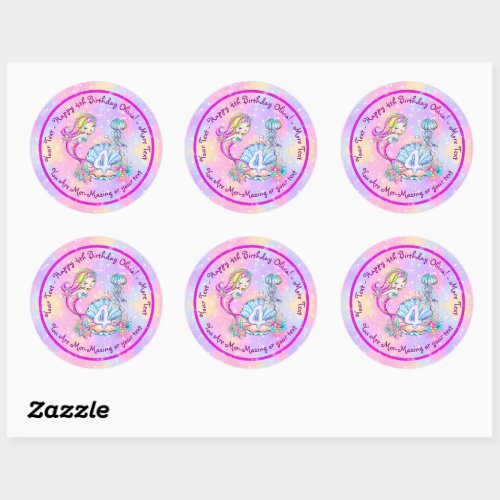 Mermaid 4th Birthday Change Edit Text Personalize  Classic Round Sticker