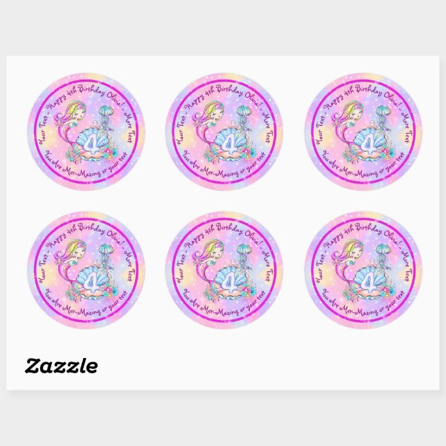 Mermaid 4th Birthday Change Edit Text Personalize  Classic Round Sticker (Sheet)